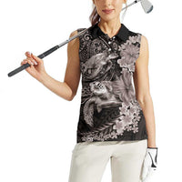 Hawaiian Plumeria and Hibiscus with Turtles Women Sleeveless Polo Shirt Polynesian Art Grayscale LT03 - Polynesian Pride