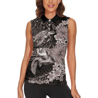 Hawaiian Plumeria and Hibiscus with Turtles Women Sleeveless Polo Shirt Polynesian Art Grayscale LT03 - Polynesian Pride