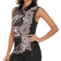 Hawaiian Plumeria and Hibiscus with Turtles Women Sleeveless Polo Shirt Polynesian Art Grayscale LT03 - Polynesian Pride