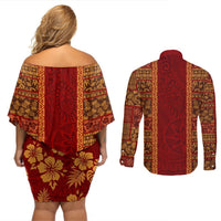 Hawaii Style Hibiscus and Tribal Element Fabric Patchwork Couples Matching Off Shoulder Short Dress and Long Sleeve Button Shirt LT03 - Polynesian Pride