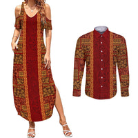 Hawaii Style Hibiscus and Tribal Element Fabric Patchwork Couples Matching Summer Maxi Dress and Long Sleeve Button Shirt LT03 Red - Polynesian Pride
