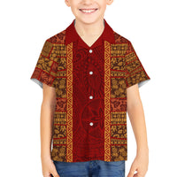 Hawaii Style Hibiscus and Tribal Element Fabric Patchwork Kid Hawaiian Shirt LT03 Kid Red - Polynesian Pride