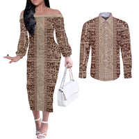 Hawaii Style Hibiscus and Tribal Element Fabric Patchwork Couples Matching Off The Shoulder Long Sleeve Dress and Long Sleeve Button Shirt Beige Version LT03 Beige - Polynesian Pride