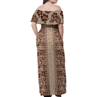 Hawaii Style Hibiscus and Tribal Element Fabric Patchwork Family Matching Off Shoulder Maxi Dress and Hawaiian Shirt Beige Version LT03 - Polynesian Pride
