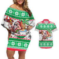 Hawaii Mele Kalikimaka Couples Matching Off Shoulder Short Dress and Hawaiian Shirt Aloha Santa and Palm Tree Mix Kakau Pattern LT03 Green - Polynesian Pride