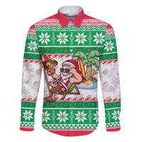 Hawaii Mele Kalikimaka Family Matching Puletasi Dress and Hawaiian Shirt Aloha Santa and Palm Tree Mix Kakau Pattern LT03 Dad's Shirt - Long Sleeve Green - Polynesian Pride