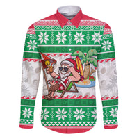 Hawaii Mele Kalikimaka Family Matching Short Sleeve Bodycon Dress and Hawaiian Shirt Aloha Santa and Palm Tree Mix Kakau Pattern LT03 Dad's Shirt - Long Sleeve Green - Polynesian Pride