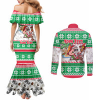 Custom Hawaii Mele Kalikimaka Couples Matching Mermaid Dress and Long Sleeve Button Shirt Aloha Santa and Palm Tree Mix Kakau Pattern LT03 - Polynesian Pride