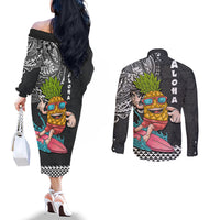 Hawaii Pineapple Surfing With Kakau Tribal Couples Matching Off The Shoulder Long Sleeve Dress and Long Sleeve Button Shirt LT03 - Polynesian Pride