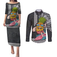 Hawaii Pineapple Surfing With Kakau Tribal Couples Matching Puletasi Dress and Long Sleeve Button Shirt LT03 Brown - Polynesian Pride
