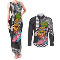 Hawaii Pineapple Surfing With Kakau Tribal Couples Matching Tank Maxi Dress and Long Sleeve Button Shirt LT03 Brown - Polynesian Pride