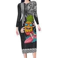 Hawaii Pineapple Surfing With Kakau Tribal Family Matching Long Sleeve Bodycon Dress and Hawaiian Shirt LT03 Mom's Dress Brown - Polynesian Pride