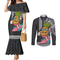Hawaii Pineapple Surfing Kakau Tribal Personalised Couples Matching Mermaid Dress and Long Sleeve Button Shirt LT03 Brown - Polynesian Pride