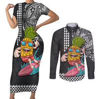 Hawaii Pineapple Surfing Kakau Tribal Personalised Couples Matching Short Sleeve Bodycon Dress and Long Sleeve Button Shirt LT03 Brown - Polynesian Pride
