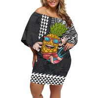 Hawaii Pineapple Surfing Kakau Tribal Personalised Family Matching Off Shoulder Short Dress and Hawaiian Shirt LT03 Mom's Dress Brown - Polynesian Pride