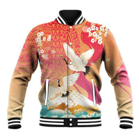 Hawaiian and Japanese Culture Together Baseball Jacket Kakau Art Tattoo with Cranes and Sakura Spring Vibe - Polynesian Pride
