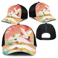 Hawaiian and Japanese Culture Together Baseball Net Cap Kakau Art Tattoo with Cranes and Sakura Spring Vibe - Polynesian Pride