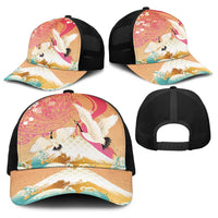 Hawaiian and Japanese Culture Together Baseball Net Cap Kakau Art Tattoo with Cranes and Sakura Spring Vibe - Polynesian Pride