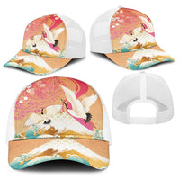 Hawaiian and Japanese Culture Together Baseball Net Cap Kakau Art Tattoo with Cranes and Sakura Spring Vibe - Polynesian Pride
