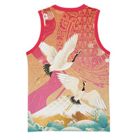 Hawaiian and Japanese Culture Together Basketball Jersey Kakau Art Tattoo with Cranes and Sakura Spring Vibe - Polynesian Pride
