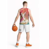 Hawaiian and Japanese Culture Together Basketball Jersey Kakau Art Tattoo with Cranes and Sakura Spring Vibe - Polynesian Pride