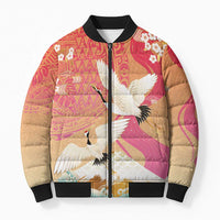 Hawaiian and Japanese Culture Together Bomber Puffer Jacket Kakau Art Tattoo with Cranes and Sakura Spring Vibe - Polynesian Pride