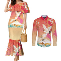 Hawaiian and Japanese Culture Together Couples Matching Mermaid Dress and Long Sleeve Button Shirt Kakau Art Tattoo with Cranes and Sakura Spring Vibe - Polynesian Pride