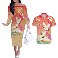 Hawaiian and Japanese Culture Together Couples Matching Off The Shoulder Long Sleeve Dress and Hawaiian Shirt Kakau Art Tattoo with Cranes and Sakura Spring Vibe LT03 Multicolor - Polynesian Pride