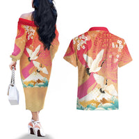 Hawaiian and Japanese Culture Together Couples Matching Off The Shoulder Long Sleeve Dress and Hawaiian Shirt Kakau Art Tattoo with Cranes and Sakura Spring Vibe - Polynesian Pride