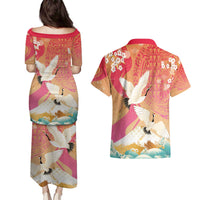 Hawaiian and Japanese Culture Together Couples Matching Puletasi and Hawaiian Shirt Kakau Art Tattoo with Cranes and Sakura Spring Vibe - Polynesian Pride
