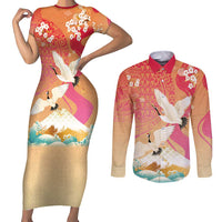 Hawaiian and Japanese Culture Together Couples Matching Short Sleeve Bodycon Dress and Long Sleeve Button Shirt Kakau Art Tattoo with Cranes and Sakura Spring Vibe LT03 Multicolor - Polynesian Pride