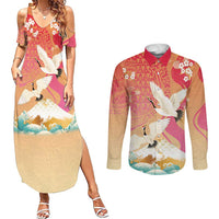 Hawaiian and Japanese Culture Together Couples Matching Summer Maxi Dress and Long Sleeve Button Shirt Kakau Art Tattoo with Cranes and Sakura Spring Vibe LT03 Multicolor - Polynesian Pride