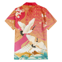 Hawaiian and Japanese Culture Together Family Matching Long Sleeve Bodycon Dress and Hawaiian Shirt Kakau Art Tattoo with Cranes and Sakura Spring Vibe LT03 - Polynesian Pride