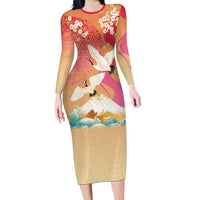 Hawaiian and Japanese Culture Together Family Matching Long Sleeve Bodycon Dress and Hawaiian Shirt Kakau Art Tattoo with Cranes and Sakura Spring Vibe LT03 Mom's Dress Multicolor - Polynesian Pride