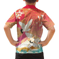 Hawaiian and Japanese Culture Together Family Matching Off The Shoulder Long Sleeve Dress and Hawaiian Shirt Kakau Art Tattoo with Cranes and Sakura Spring Vibe LT03 - Polynesian Pride