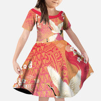 Hawaiian and Japanese Culture Together Family Matching Off The Shoulder Long Sleeve Dress and Hawaiian Shirt Kakau Art Tattoo with Cranes and Sakura Spring Vibe LT03 Daughter's Dress Multicolor - Polynesian Pride