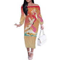 Hawaiian and Japanese Culture Together Family Matching Off The Shoulder Long Sleeve Dress and Hawaiian Shirt Kakau Art Tattoo with Cranes and Sakura Spring Vibe - Polynesian Pride