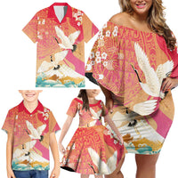 Hawaiian and Japanese Culture Together Family Matching Off Shoulder Short Dress and Hawaiian Shirt Kakau Art Tattoo with Cranes and Sakura Spring Vibe LT03 - Polynesian Pride