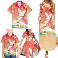 Hawaiian and Japanese Culture Together Family Matching Summer Maxi Dress and Hawaiian Shirt Kakau Art Tattoo with Cranes and Sakura Spring Vibe - Polynesian Pride