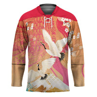 Hawaiian and Japanese Culture Together Hockey Jersey Kakau Art Tattoo with Cranes and Sakura Spring Vibe - Polynesian Pride