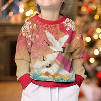 Hawaiian and Japanese Culture Together Kid Ugly Christmas Sweater Kakau Art Tattoo with Cranes and Sakura Spring Vibe LT03 - Polynesian Pride
