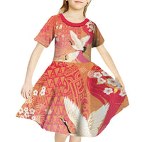 Hawaiian and Japanese Culture Together Kid Short Sleeve Dress Kakau Art Tattoo with Cranes and Sakura Spring Vibe LT03 - Polynesian Pride