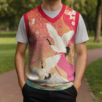 Hawaiian and Japanese Culture Together Christmas Knitted V-Neck Vest Kakau Art Tattoo with Cranes and Sakura Spring Vibe LT03 - Polynesian Pride