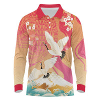 Hawaiian and Japanese Culture Together Long Sleeve Polo Shirt Kakau Art Tattoo with Cranes and Sakura Spring Vibe - Polynesian Pride