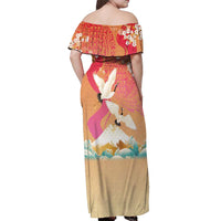 Hawaiian and Japanese Culture Together Off Shoulder Maxi Dress Kakau Art Tattoo with Cranes and Sakura Spring Vibe - Polynesian Pride