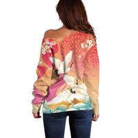 Hawaiian and Japanese Culture Together Off Shoulder Sweater Kakau Art Tattoo with Cranes and Sakura Spring Vibe - Polynesian Pride