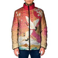 Hawaiian and Japanese Culture Together Padded Jacket Kakau Art Tattoo with Cranes and Sakura Spring Vibe - Polynesian Pride