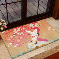 Hawaiian and Japanese Culture Together Rubber Doormat Kakau Art Tattoo with Cranes and Sakura Spring Vibe - Polynesian Pride