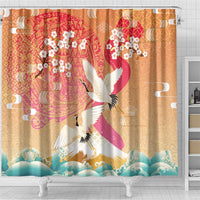 Hawaiian and Japanese Culture Together Shower Curtain Kakau Art Tattoo with Cranes and Sakura Spring Vibe - Polynesian Pride