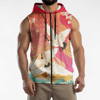 Hawaiian and Japanese Culture Together Sleeveless Zip Hoodie Kakau Art Tattoo with Cranes and Sakura Spring Vibe LT03 - Polynesian Pride